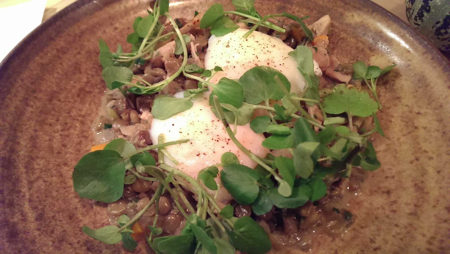 smoked chicken, lentils, poached eggs