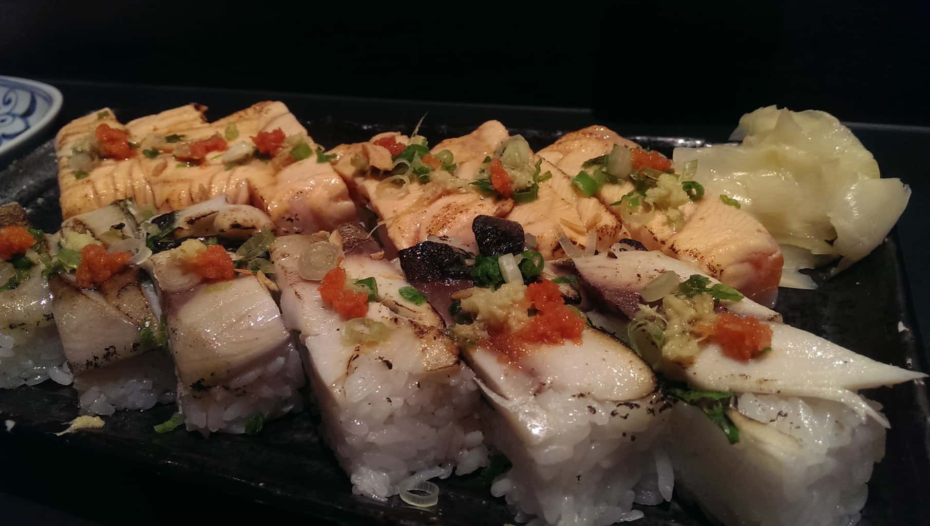 pressed sushi (top: seared salmon, bottom: seared mackerel)