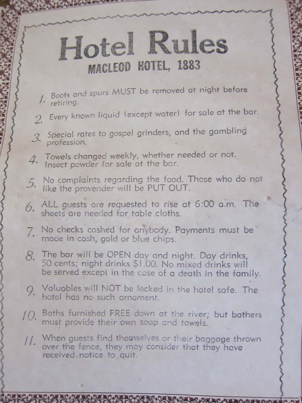 hotel rules 1883 heritage park calgary