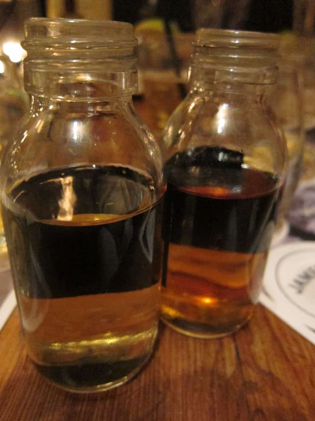 samples of spirit in sherry casks (right) and bourbon barrels (left)