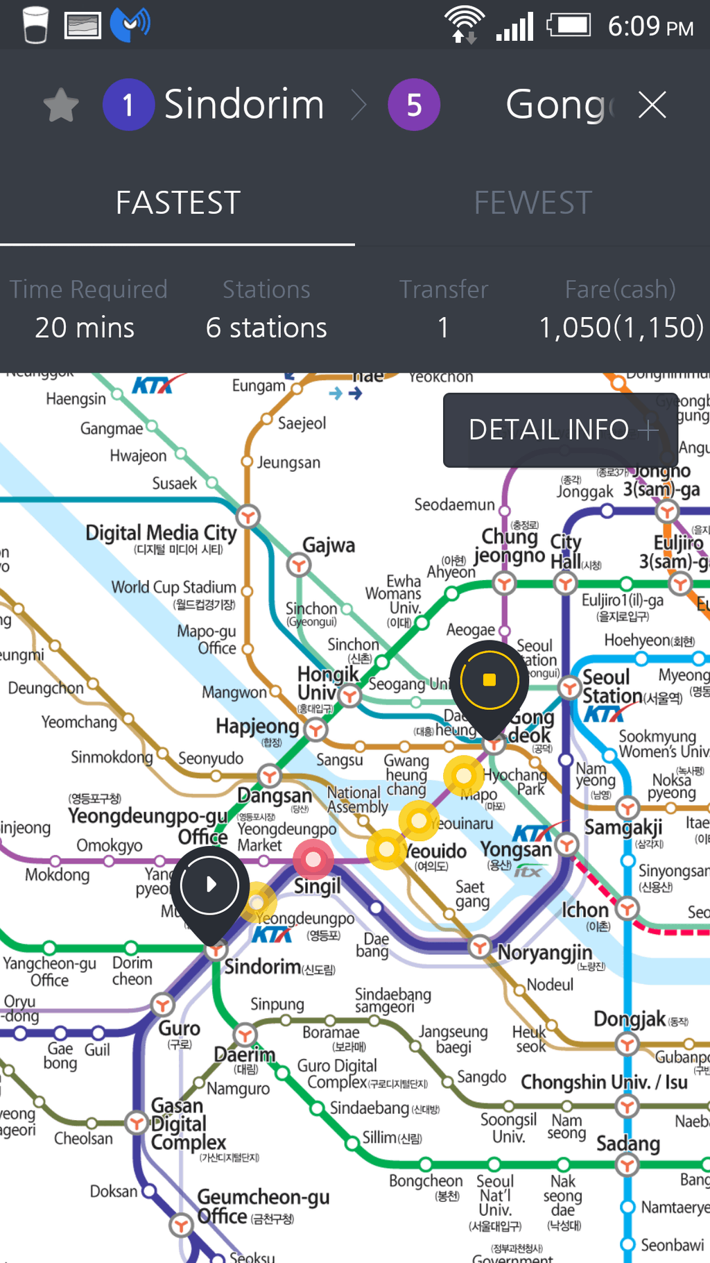 fastest route result on subway korea app
