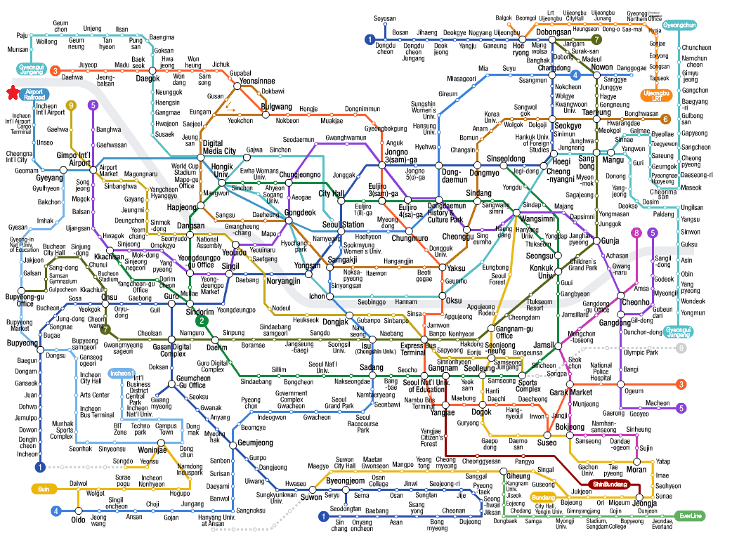 Seoul Metropolitan Subway (Airport Railroad Line is marked by red star)